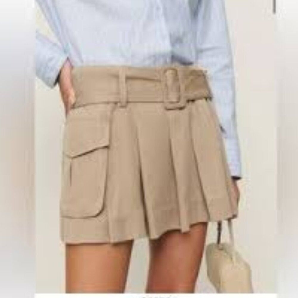REFORMATION Brinley Belted Pleated Cargo Skirt Khaki Belt Pockets Zipper Size 12